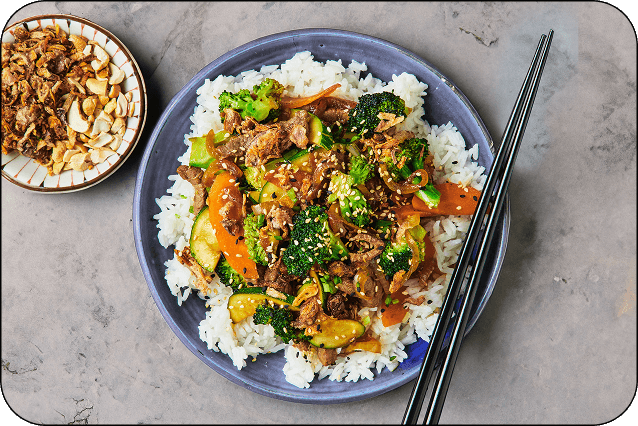 Hoisin, Beef & Cashew Stir-Fry with Broccoli and Jasmine Rice