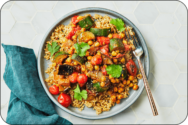 Low-Cal Moroccan-Inspired Ratatouille with Chickpeas and Spicy Harissa Brown Rice