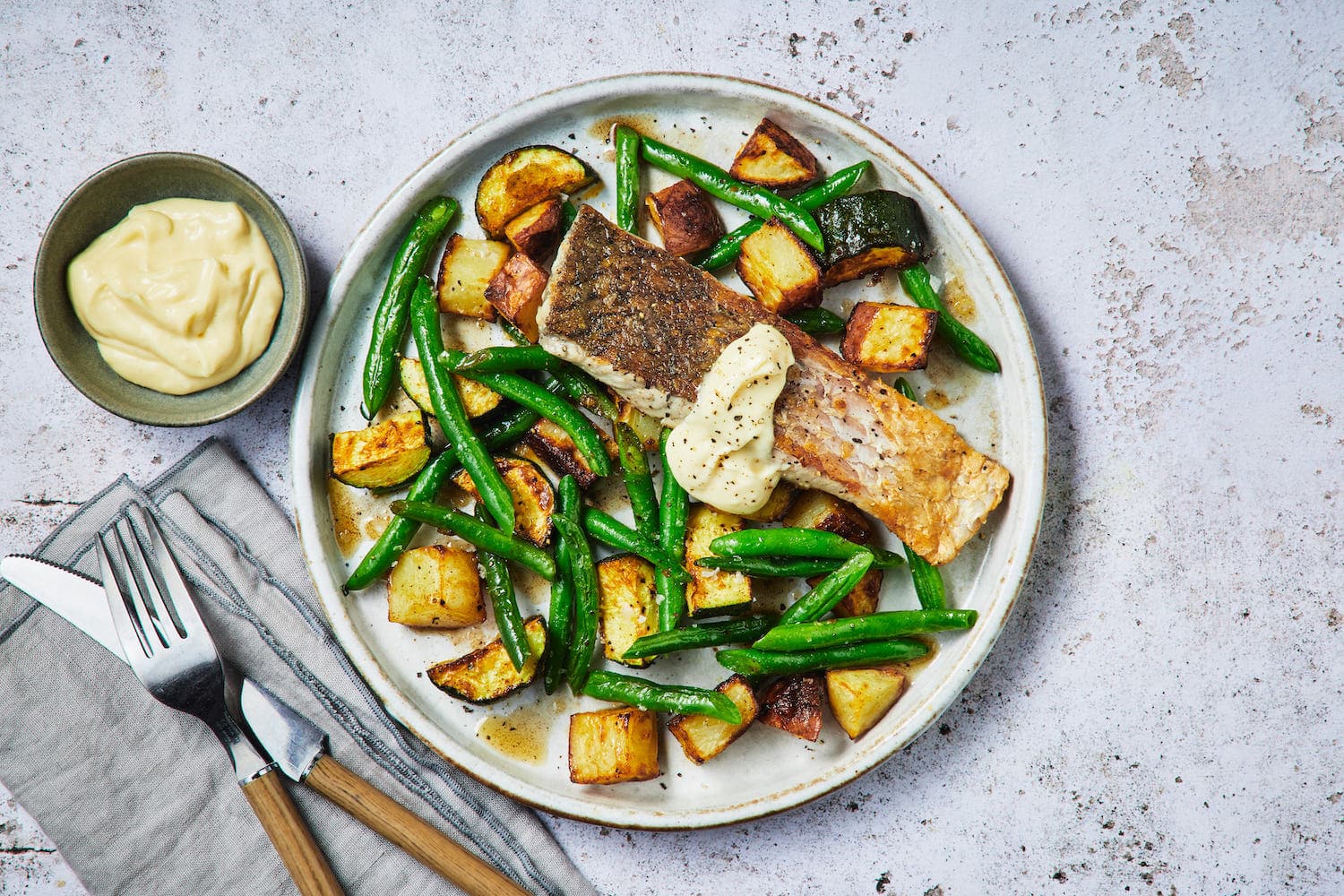 Marley Spoon Australia Crispy Skinned Barramundi with Garlic Beans & Roasted Vegetables