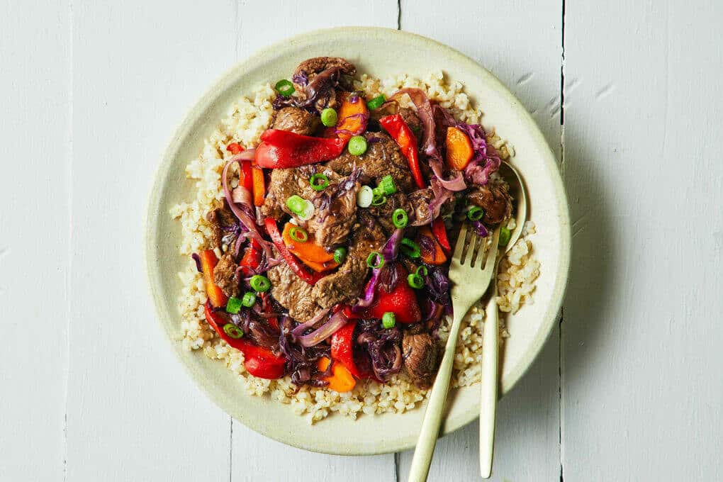 Nutritious Beef Stir-Fry with Oyster Sauce, Cabbage and Brown Rice