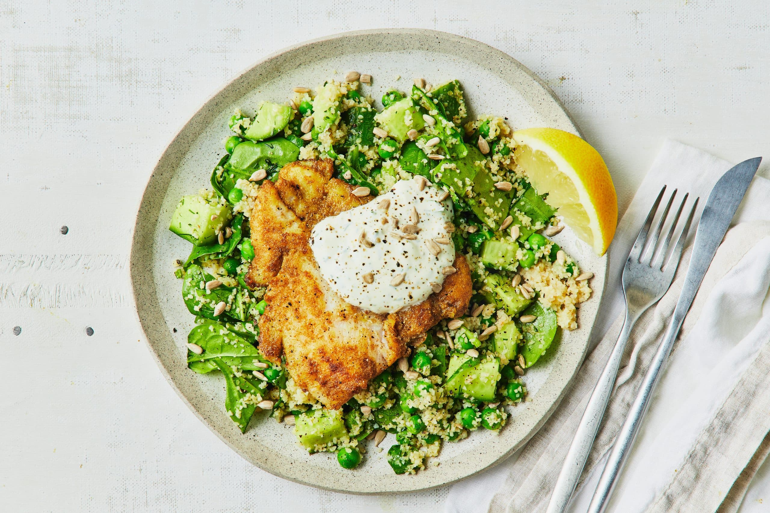 Pan-Fried Smoky Basa Fish with Green Burghul and Dill Yoghurt