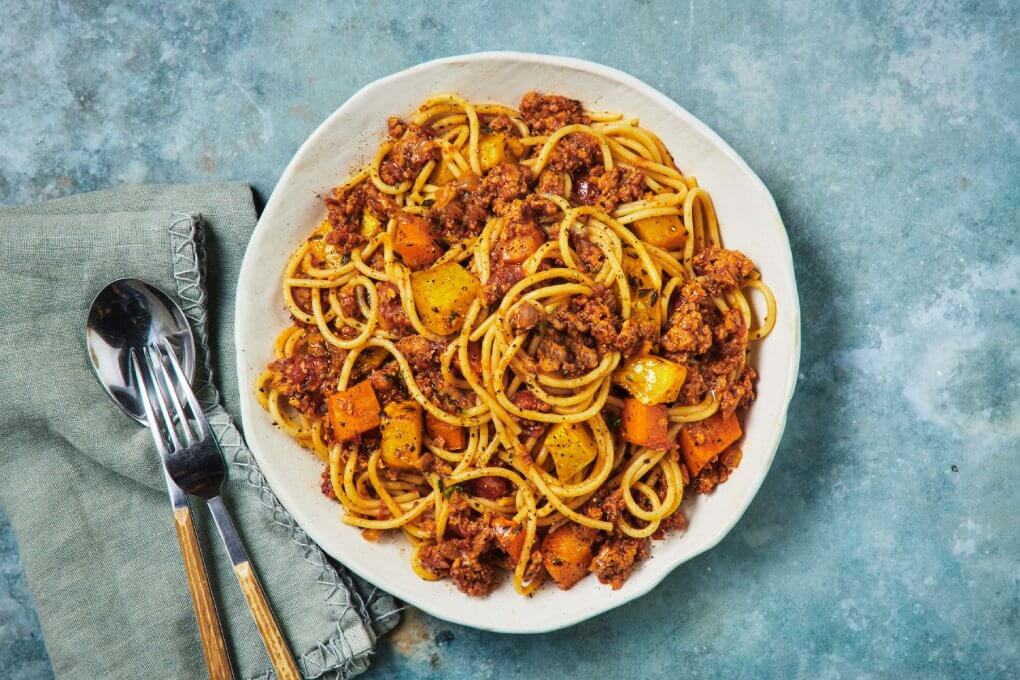 Plant-Based Mince Bolognese with Pumpkin, Spaghetti & Herbs