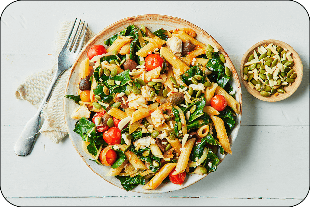 Silverbeet-Vegan Feta Pasta with Olives, Chilli and Almonds